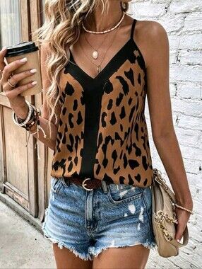 New Chic Animal Print V Neck Cami Top Tank Brown Black